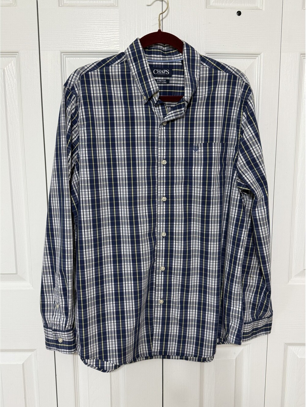 Chaps Shirt Mens L Blue Plaid Long Sleeve Button Up Stretch Easy Care Casual